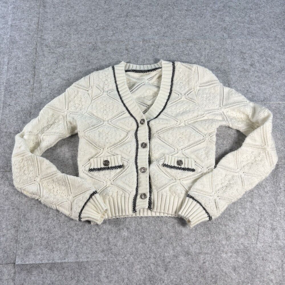 Women’s Ivory Pointelle Knit Cropped Cardigan Jeweled Buttons Academia Preppy